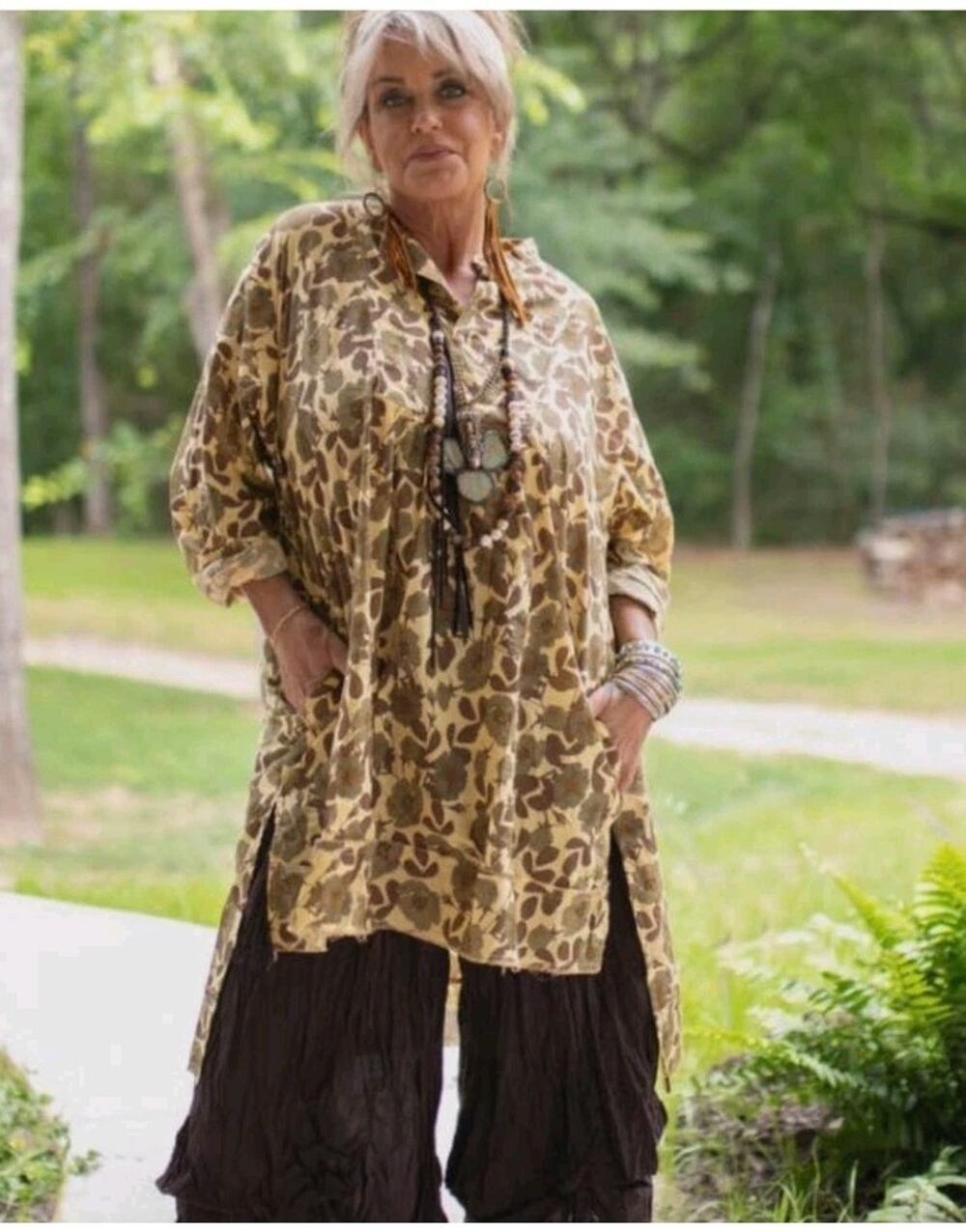 Jaded Gypsy Brown Floral Cotton Long Sleeve Hi Low Tunic Dress One Size XS S M L